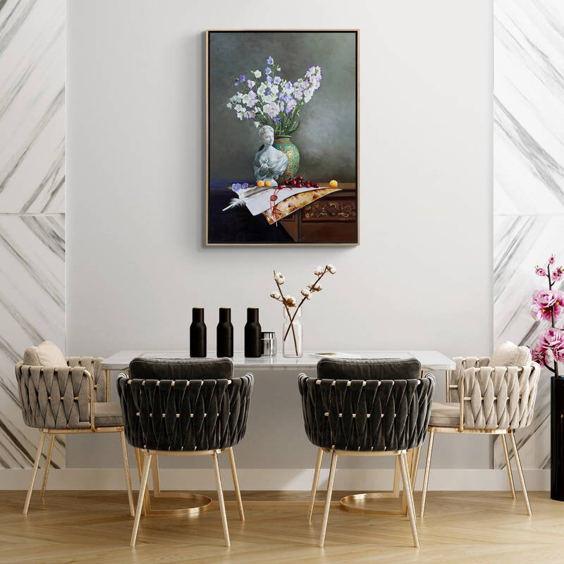 Heykel ve Çan Çiçeklerinin Ahengi Siparişe Özel Yağlı Boya Tablo