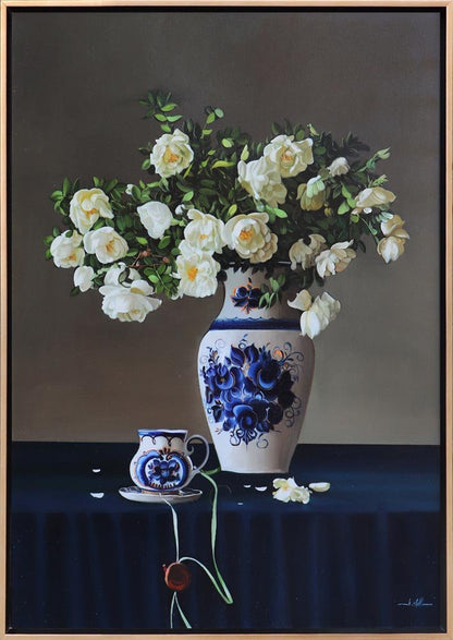 Çini Vazoda Beyaz Güller Siparişe Özel Yağlı Boya Tablo