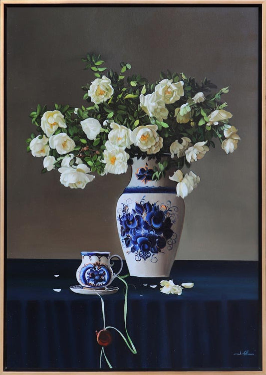 Çini Vazoda Beyaz Güller Siparişe Özel Yağlı Boya Tablo