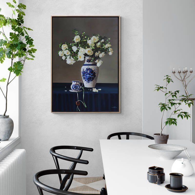 Çini Vazoda Beyaz Güller Siparişe Özel Yağlı Boya Tablo