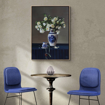 Çini Vazoda Beyaz Güller Siparişe Özel Yağlı Boya Tablo