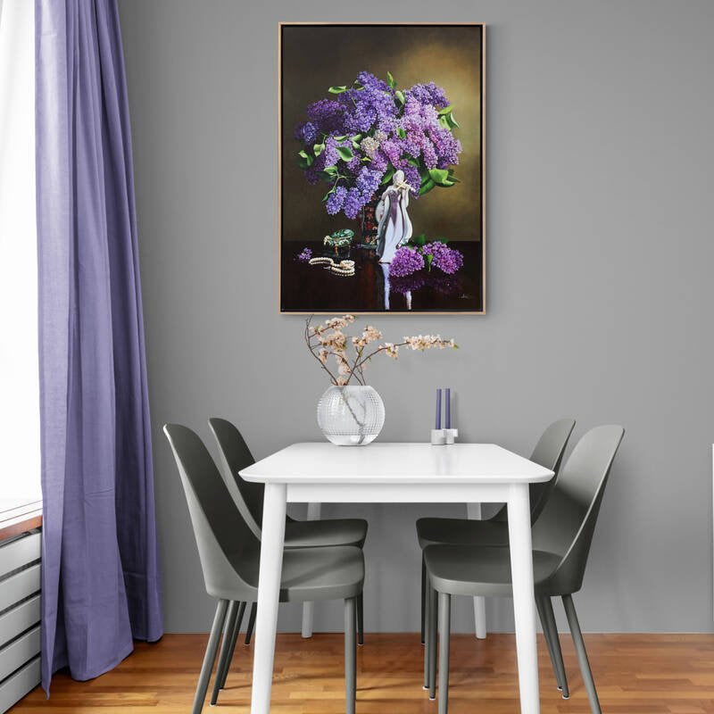 Kadın Heykeli ve Vazoda Leylaklar Siparişe Özel Yağlı Boya Tablo