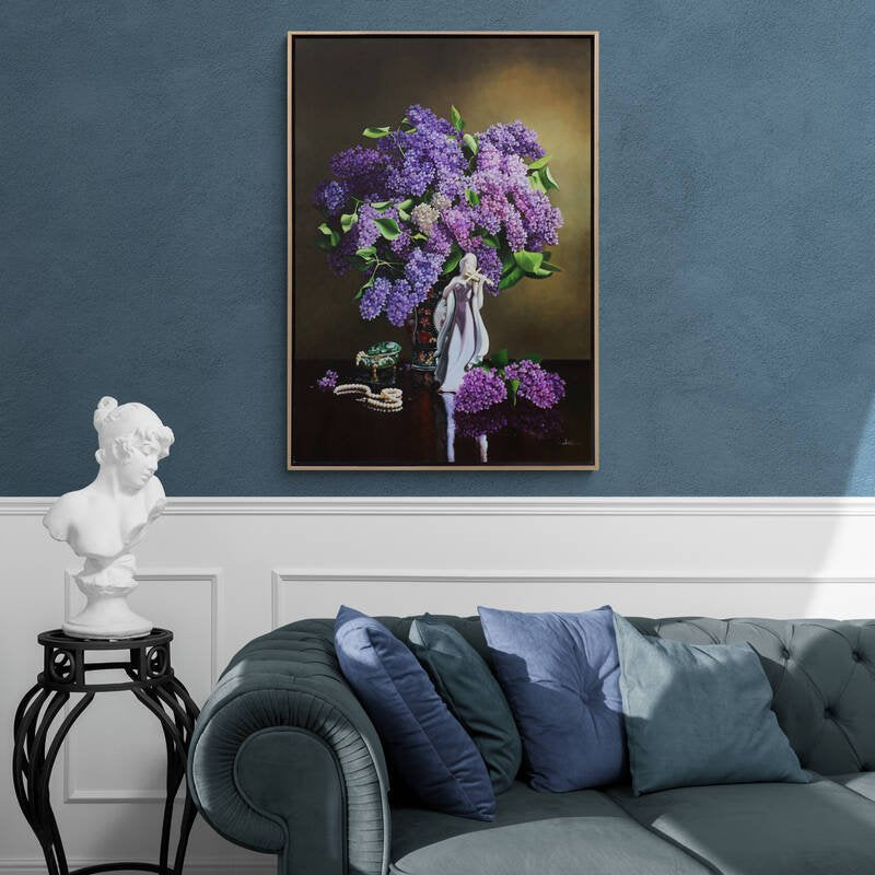 Kadın Heykeli ve Vazoda Leylaklar Siparişe Özel Yağlı Boya Tablo