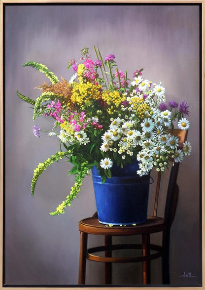 Mavi Kovadaki Kır Çiçekleri Siparişe Özel Yağlı Boya Tablo