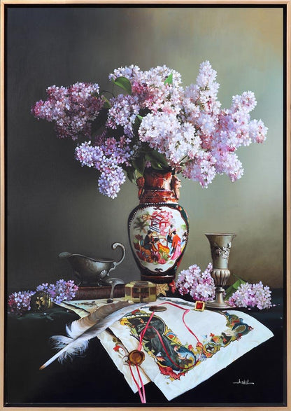 Kağıtta Minyatür Motifler ve Vazodaki Leylaklar Siparişe Özel Yağlı Boya Tablo