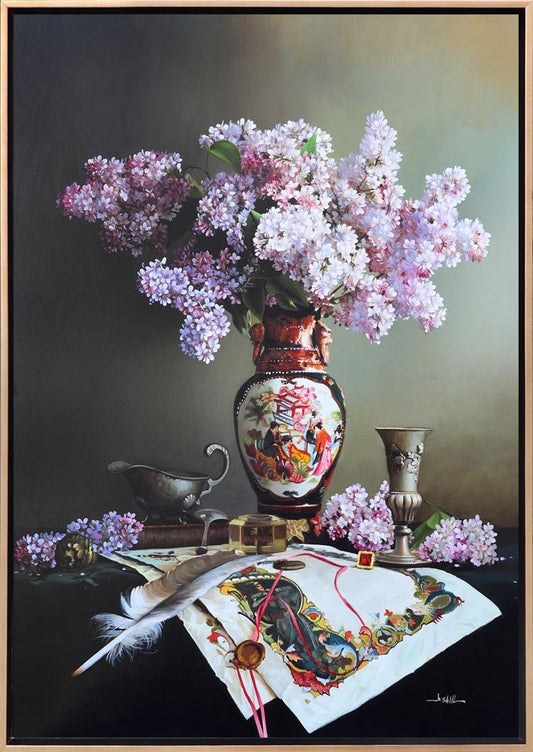 Kağıtta Minyatür Motifler ve Vazodaki Leylaklar Siparişe Özel Yağlı Boya Tablo