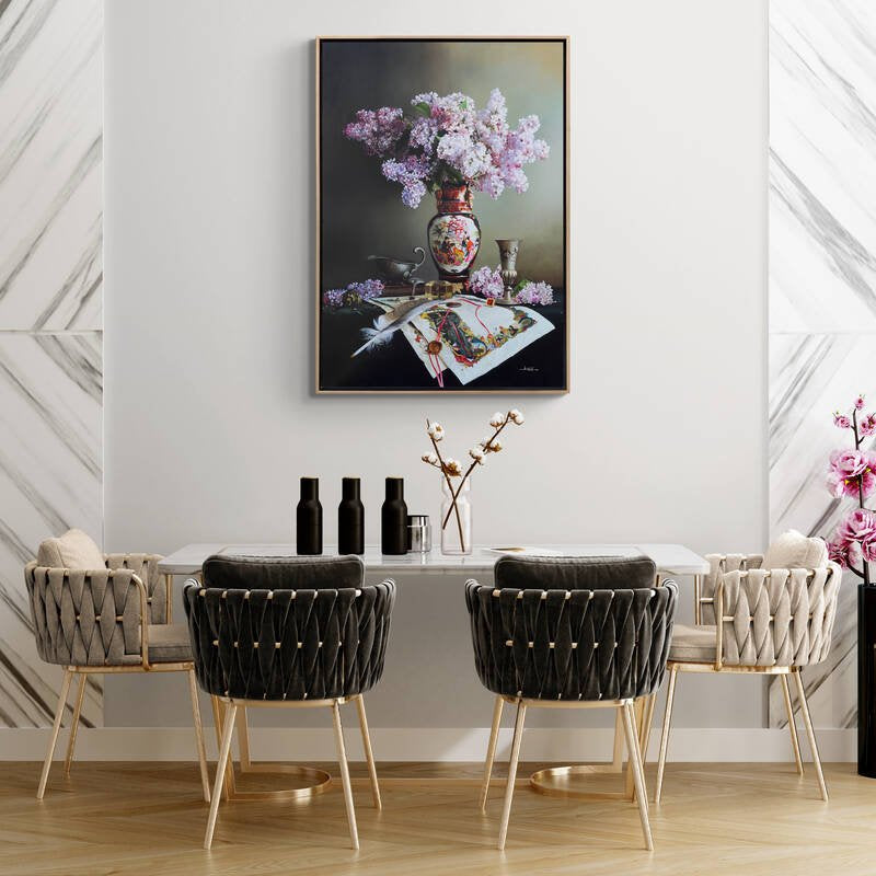 Kağıtta Minyatür Motifler ve Vazodaki Leylaklar Siparişe Özel Yağlı Boya Tablo