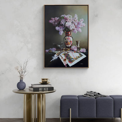 Kağıtta Minyatür Motifler ve Vazodaki Leylaklar Siparişe Özel Yağlı Boya Tablo