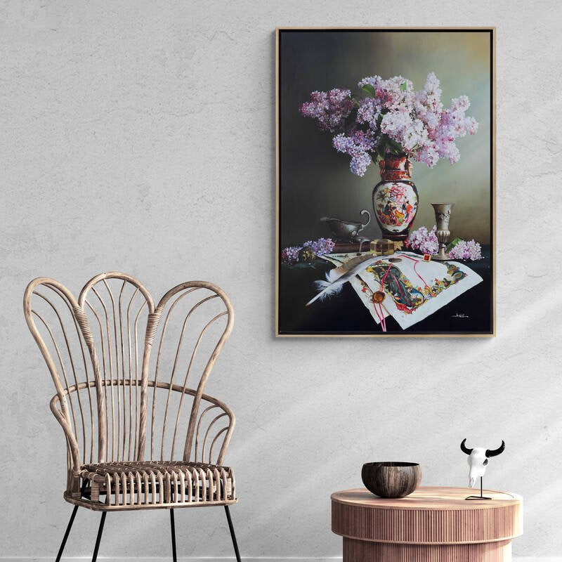 Kağıtta Minyatür Motifler ve Vazodaki Leylaklar Siparişe Özel Yağlı Boya Tablo