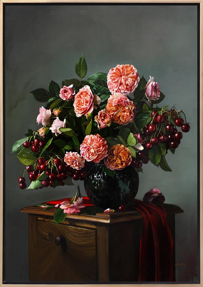 Vazoda Pembe Güller ve Kirazlar Siparişe Özel Yağlı Boya Tablo