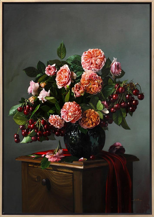 Vazoda Pembe Güller ve Kirazlar Siparişe Özel Yağlı Boya Tablo