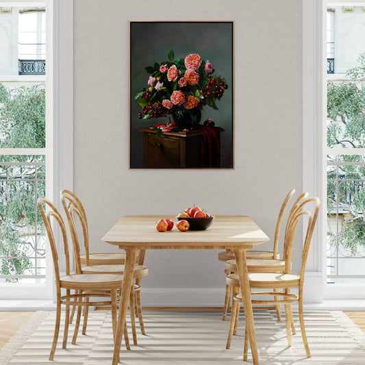 Vazoda Pembe Güller ve Kirazlar Siparişe Özel Yağlı Boya Tablo