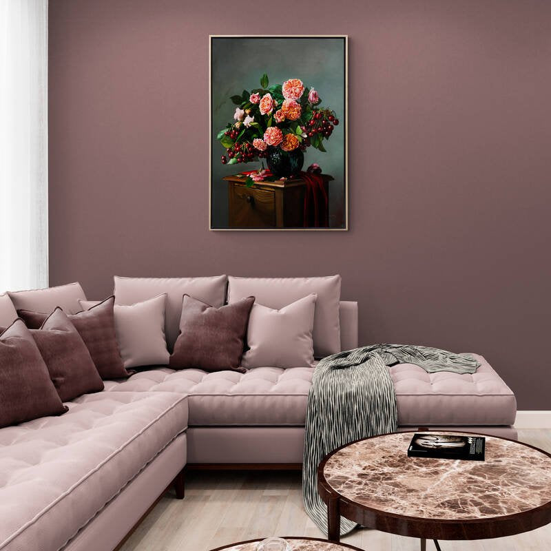 Vazoda Pembe Güller ve Kirazlar Siparişe Özel Yağlı Boya Tablo