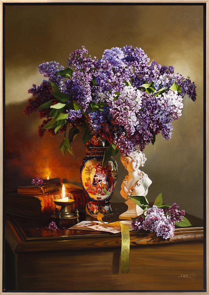 Mum Işığında Vazodaki Leylaklar ve Huzur Siparişe Özel Yağlı Boya Tablo