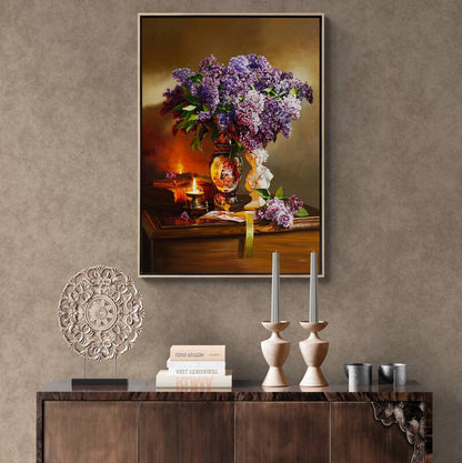 Mum Işığında Vazodaki Leylaklar ve Huzur Siparişe Özel Yağlı Boya Tablo