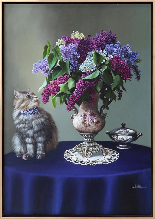 Kedi ve Vazoda Leylaklar Siparişe Özel Yağlı Boya Tablo