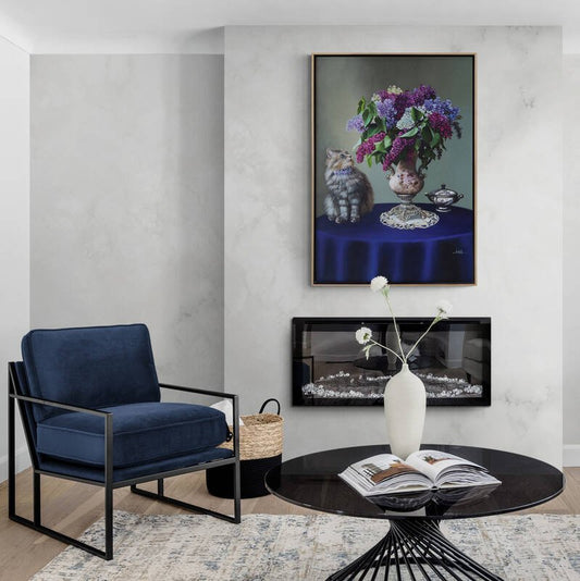 Kedi ve Vazoda Leylaklar Siparişe Özel Yağlı Boya Tablo