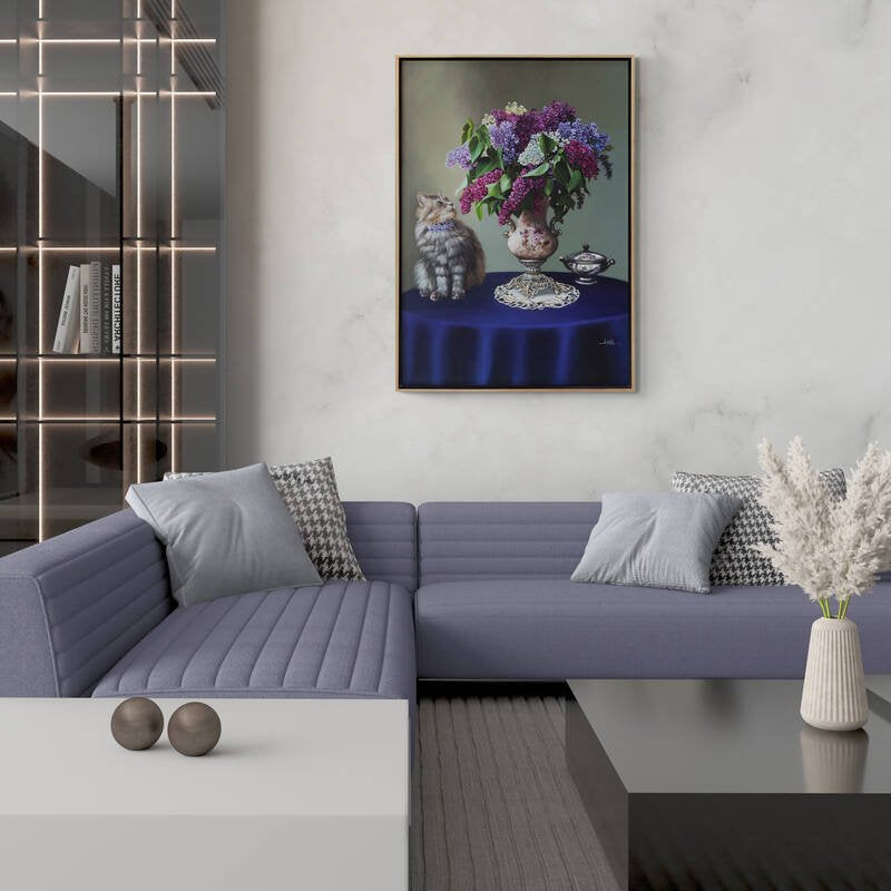 Kedi ve Vazoda Leylaklar Siparişe Özel Yağlı Boya Tablo