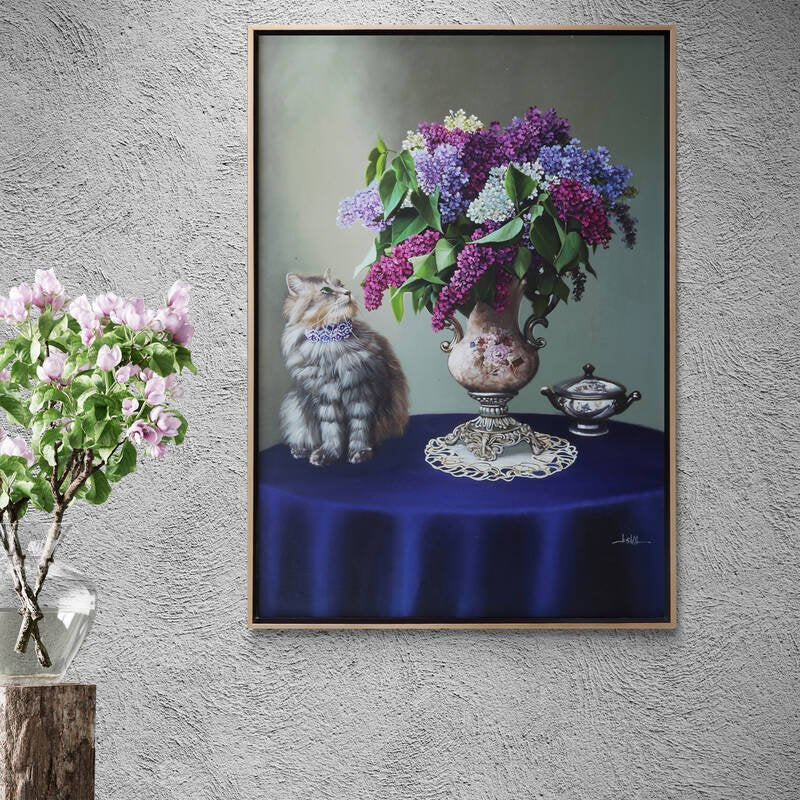 Kedi ve Vazoda Leylaklar Siparişe Özel Yağlı Boya Tablo