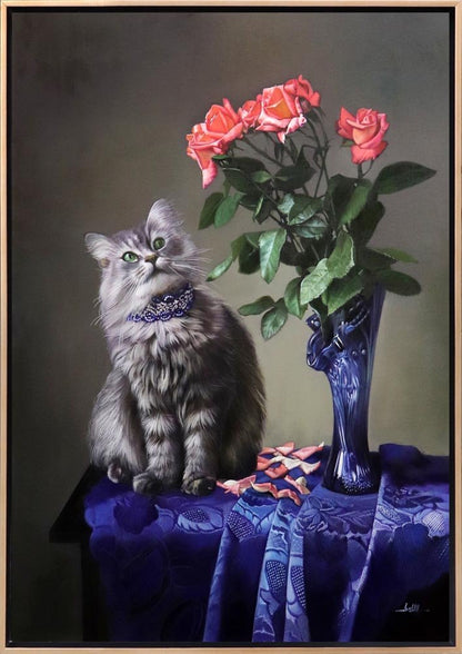Vazoda Pembe Güller ve Kedinin Bakışı Siparişe Özel Yağlı Boya Tablo