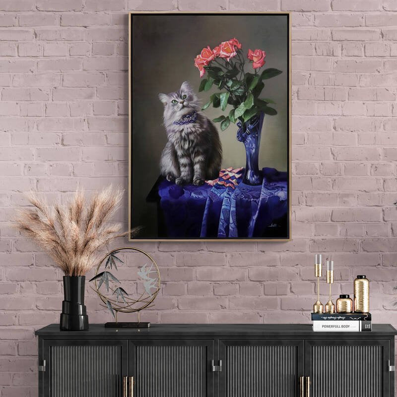 Vazoda Pembe Güller ve Kedinin Bakışı Siparişe Özel Yağlı Boya Tablo