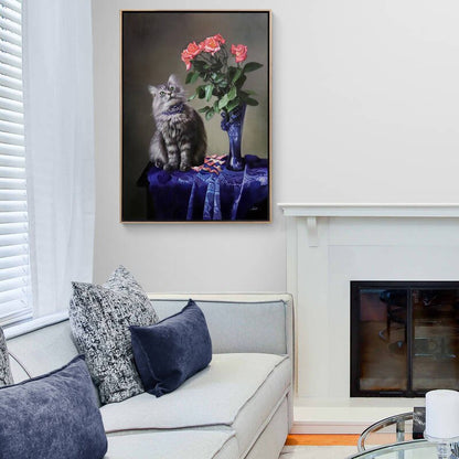 Vazoda Pembe Güller ve Kedinin Bakışı Siparişe Özel Yağlı Boya Tablo
