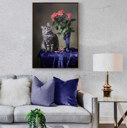 Vazoda Pembe Güller ve Kedinin Bakışı Siparişe Özel Yağlı Boya Tablo