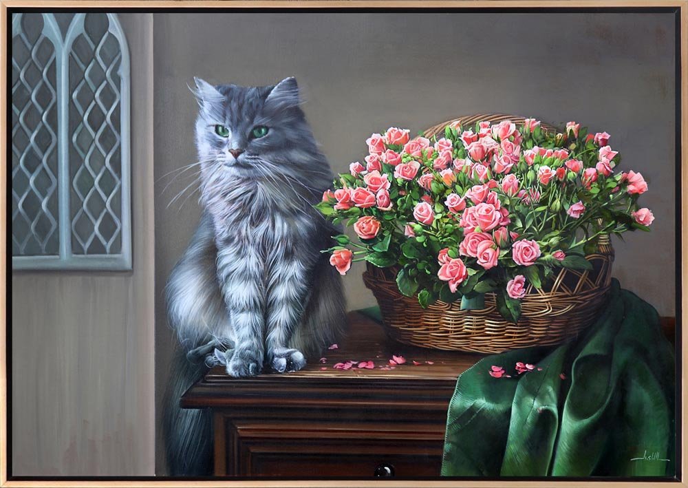 Sepette Pembe Güller ve Kedi Siparişe Özel Yağlı Boya Tablo