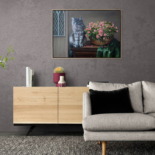 Sepette Pembe Güller ve Kedi Siparişe Özel Yağlı Boya Tablo