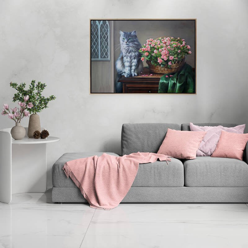 Sepette Pembe Güller ve Kedi Siparişe Özel Yağlı Boya Tablo