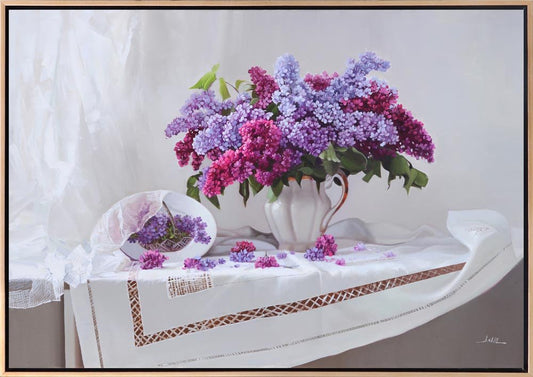 Dantelli Masa Örtüsü ve Leylaklar Siparişe Özel Yağlı Boya Tablo