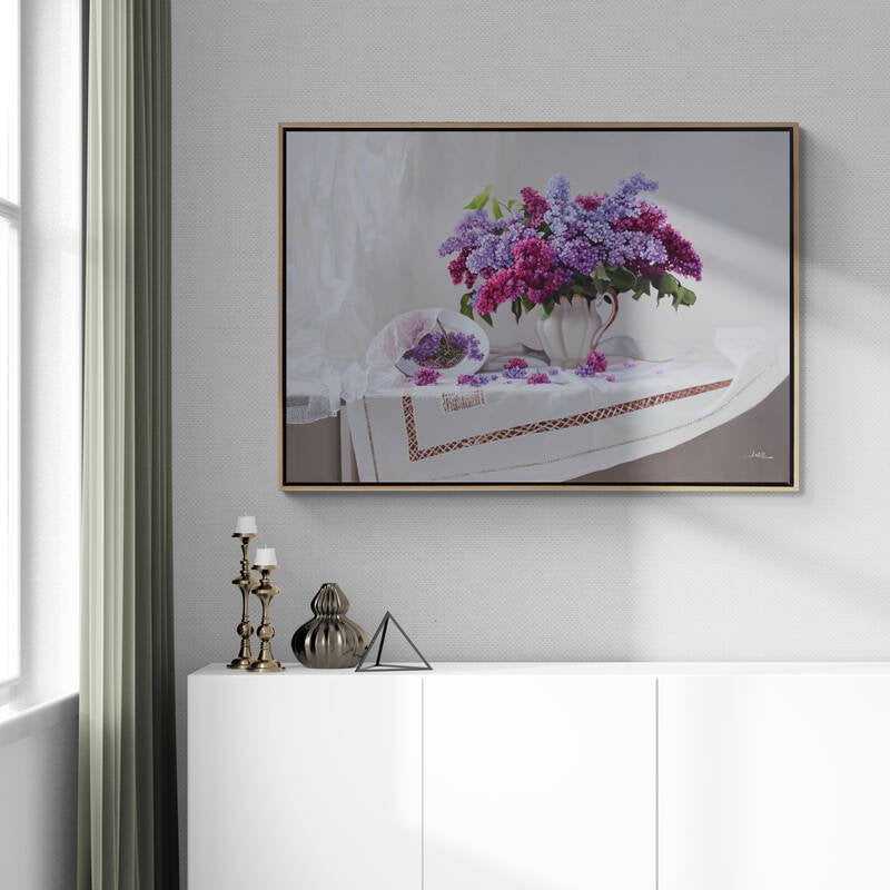 Dantelli Masa Örtüsü ve Leylaklar Siparişe Özel Yağlı Boya Tablo