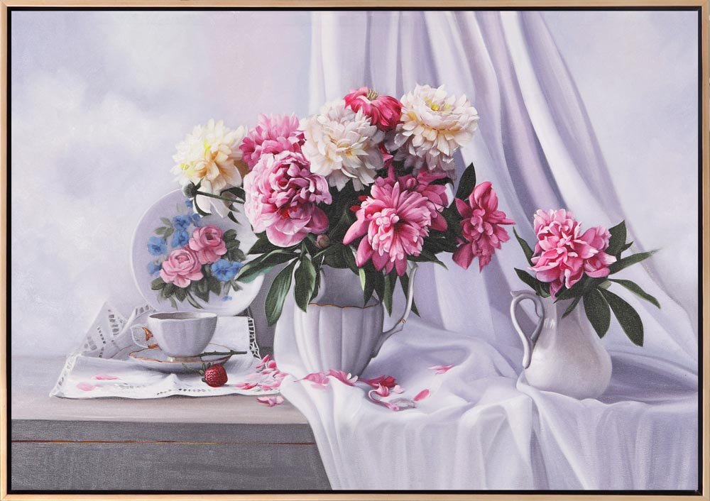 Porselen Vazoda Güller ve Çay Saati Siparişe Özel Yağlı Boya Tablo