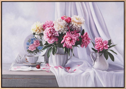 Porselen Vazoda Güller ve Çay Saati Siparişe Özel Yağlı Boya Tablo