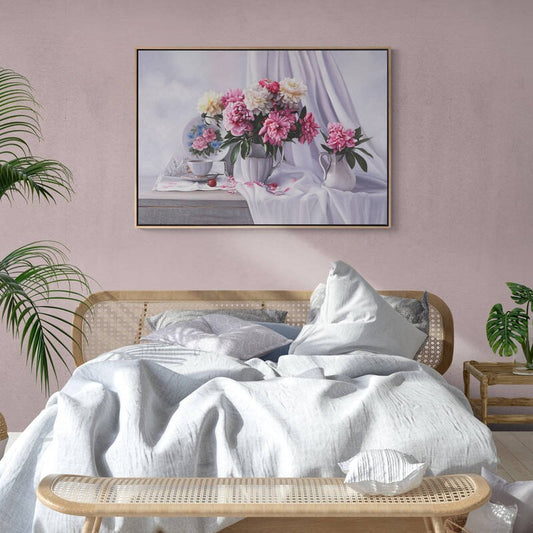 Porselen Vazoda Güller ve Çay Saati Siparişe Özel Yağlı Boya Tablo