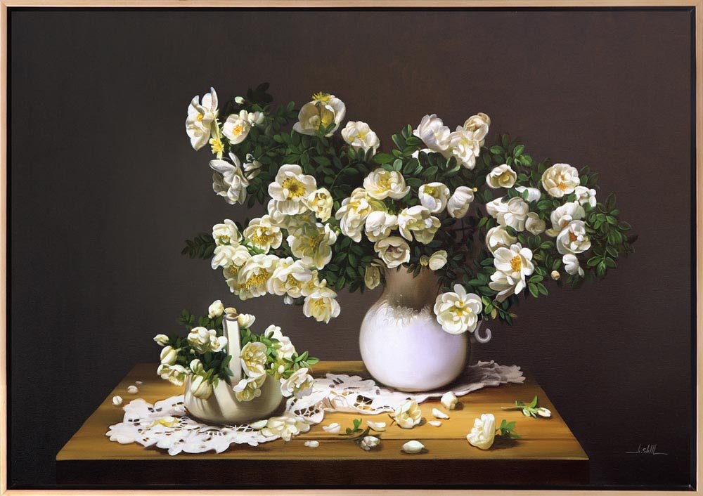 Vazoda Beyaz Güller Siparişe Özel Yağlı Boya Tablo