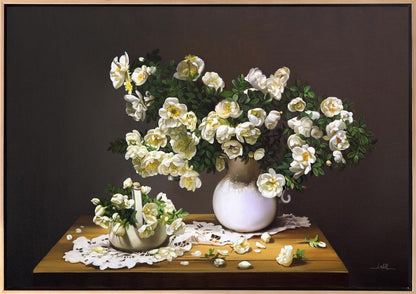 Vazoda Beyaz Güller Siparişe Özel Yağlı Boya Tablo