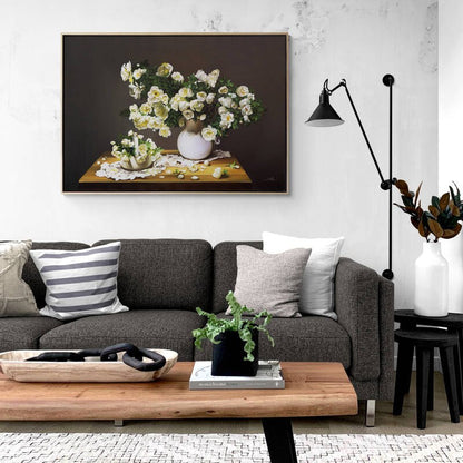 Vazoda Beyaz Güller Siparişe Özel Yağlı Boya Tablo