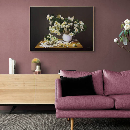 Vazoda Beyaz Güller Siparişe Özel Yağlı Boya Tablo