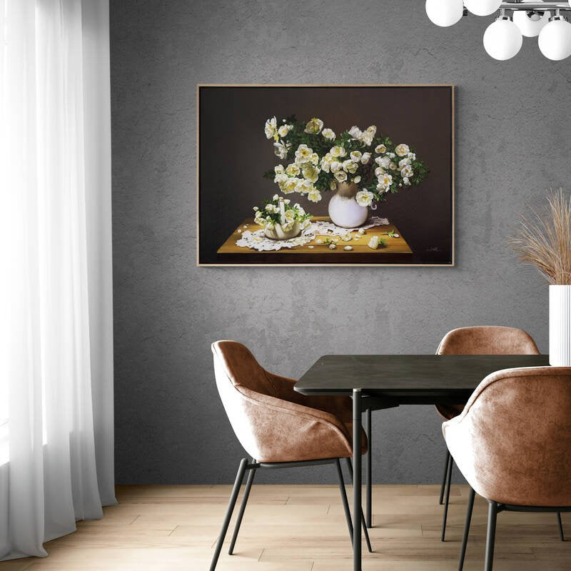 Vazoda Beyaz Güller Siparişe Özel Yağlı Boya Tablo