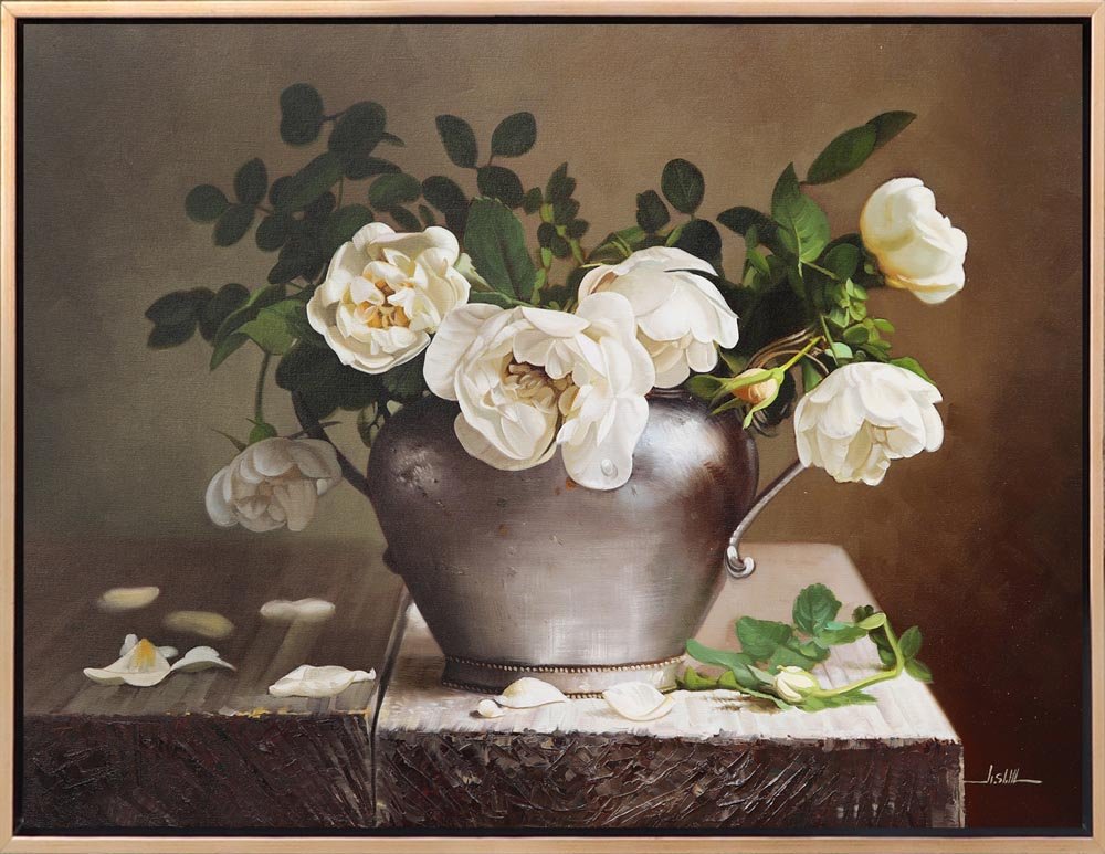 Beyaz Güllerin Melodisi Siparişe Özel Yağlı Boya Tablo