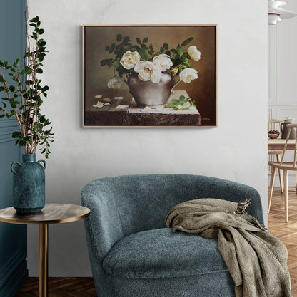 Beyaz Güllerin Melodisi Siparişe Özel Yağlı Boya Tablo