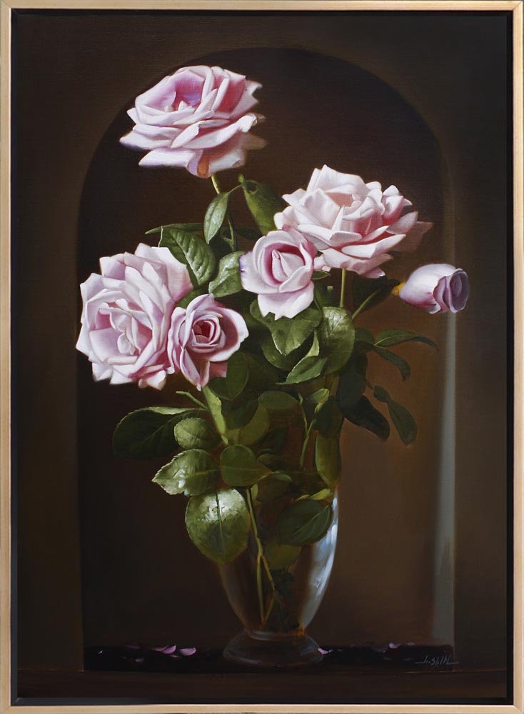 Cam Vazoda Pembe Güller Siparişe Özel Yağlı Boya Tablo