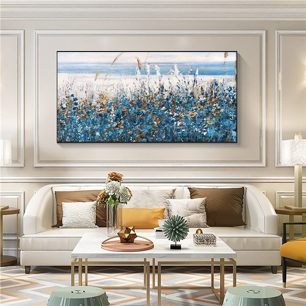 Mavi Beyaz Çiçekler Siparişe Özel Soyut Yağlı Boya Tablo