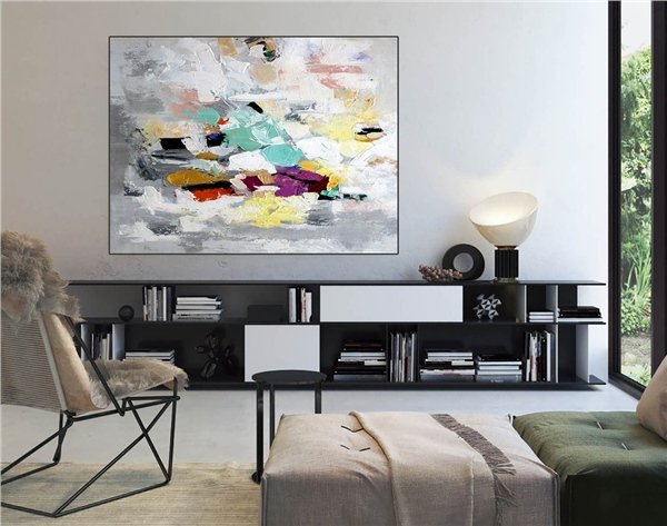 Bej Sarı Minimalist Siparişe Özel Soyut Yağlı Boya Tablo