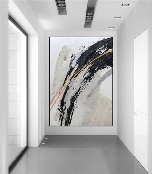 Beyaz Siyah ve Altın Siparişe Özel Soyut Yağlı Boya Tablo