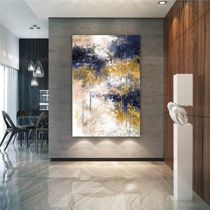 Spatula ile Mavi Sarı Siparişe Özel Soyut Yağlı Boya Tablo