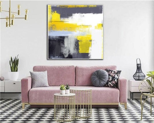 Siyah Beyaz ve Sarı Siparişe Özel Soyut Yağlı Boya Tablo