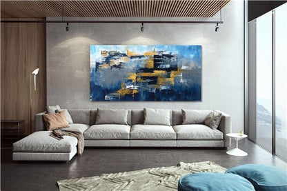 Mavi Gri ve Altın Siparişe Özel Soyut Yağlı Boya Tablo