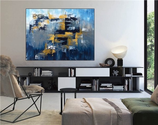Mavi Gri ve Altın Siparişe Özel Soyut Yağlı Boya Tablo